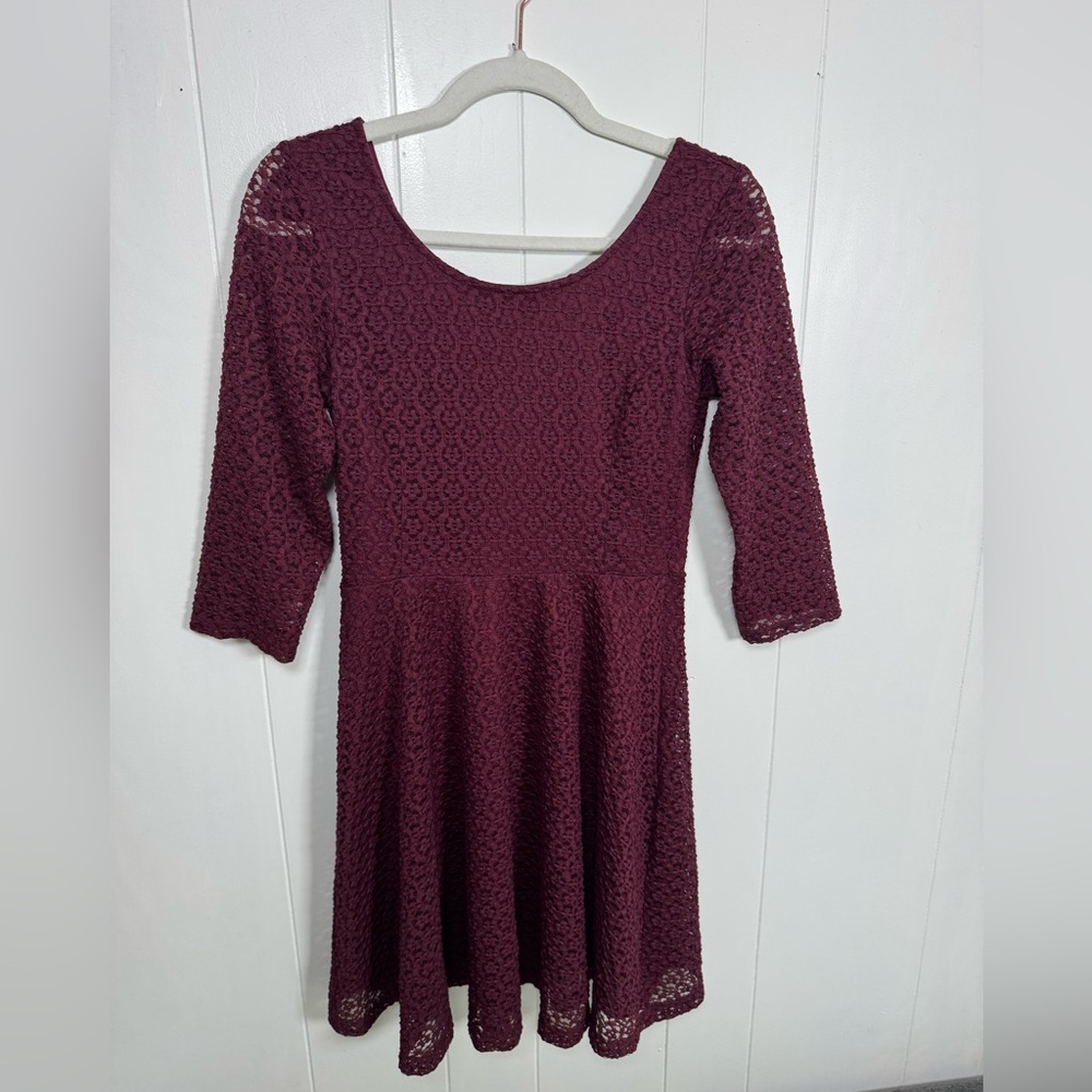 Lush Deep Burgundy Lace Long Sleeve Dress